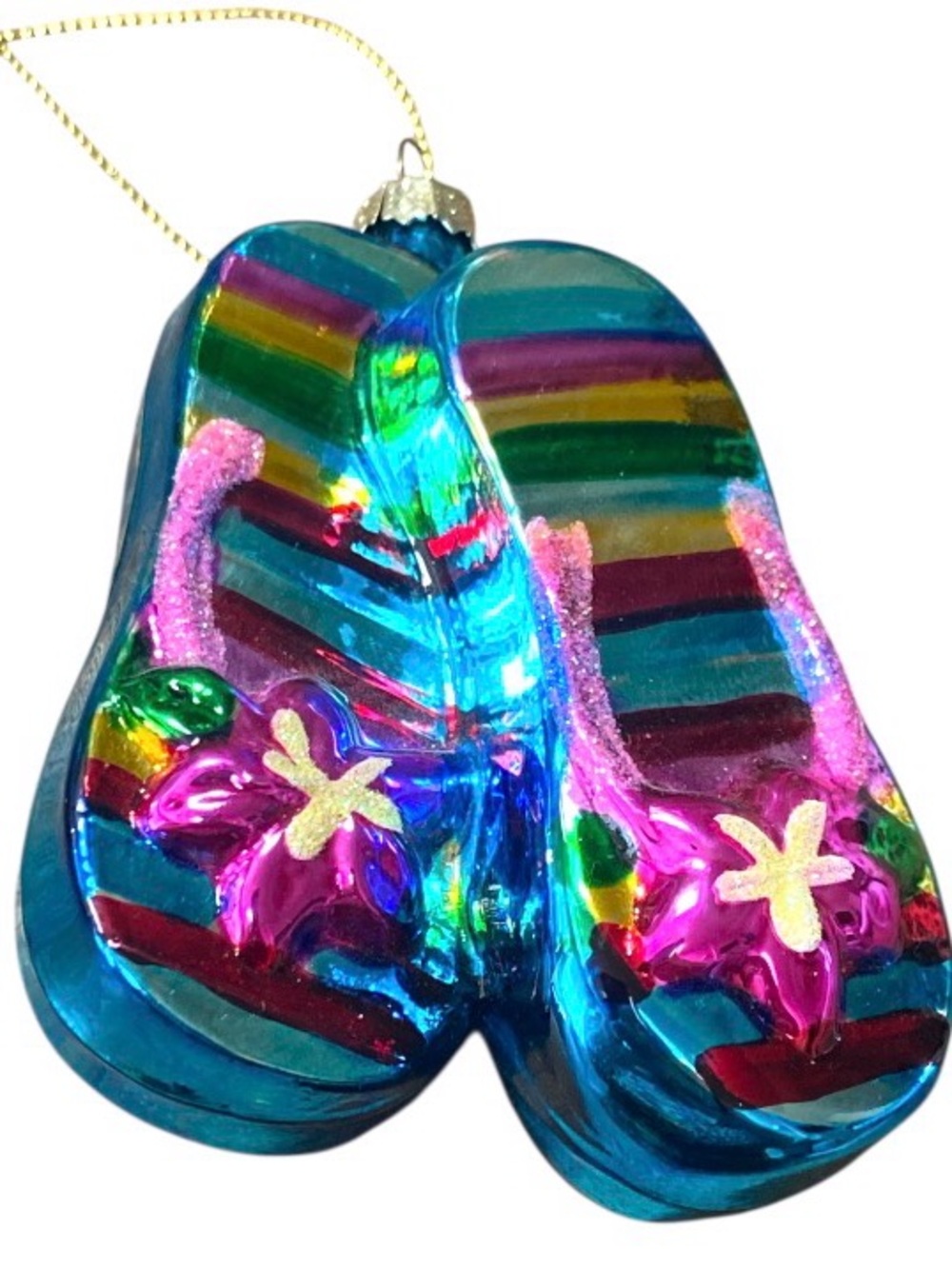 Colorful Floral Sandals Blown Glass Ornament Beach Flip Flops Christmas Decor 4”
